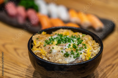 Japanese rice with chicken and egg (Donburi or oyakodon)