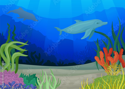 Dolphins and underwater world. Seascapes concept. Vector illustration.