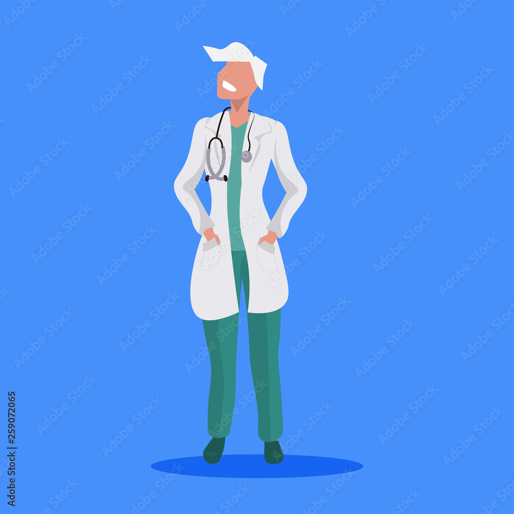female doctor with stethoscope woman medical clinic worker in uniform professional occupation concept cartoon character full length flat blue background