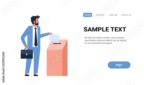 election day concept businessman voter putting paper ballot list in box during voting full length flat horizontal copy space white background