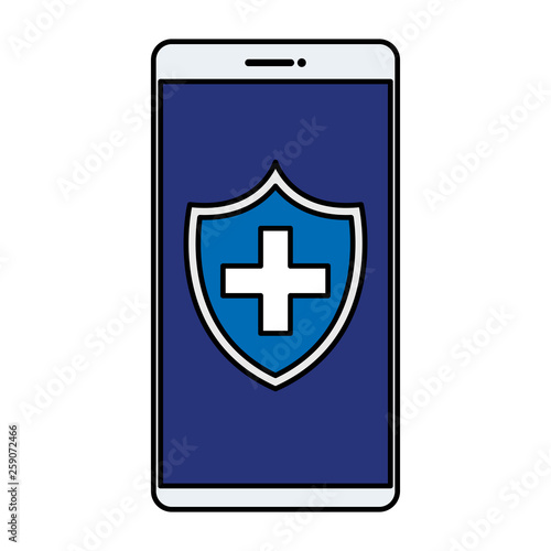 smartphone with medical cross in shield