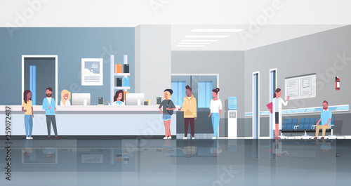 mix race patients standing line queue at hospital reception desk waiting hall doctors consultation healthcare concept medical clinic interior full length horizontal flat