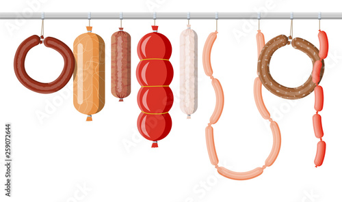 Meat sausage collection. Cut sausage slices with fat. Boiled smoked meat product. Delicatessen gastronomic product of beef, pork or chicken. Pepperoni or salami. Vector illustration in flat style