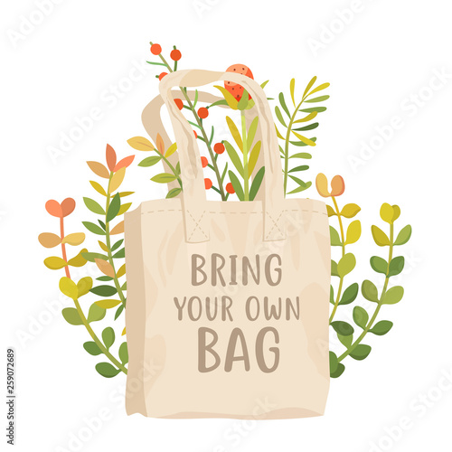 Bring your own bag vector poster. Use reusable cotton bag. Less plastic concept