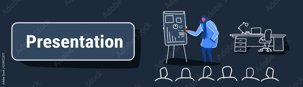 casual man speaker pointing financial graph on flip chart conference meeting presentation concept businessman team training sketch doodle horizontal banner casual man speaker pointing financial graph on flip chart conference meeting presentation concept businessman team training sketch doodle horizontal banner