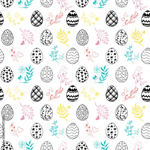 Seamless easter pattern with ornamental hand drawn eggs, leaves, butterflies. Easter holiday colorful background. Vector illustration.