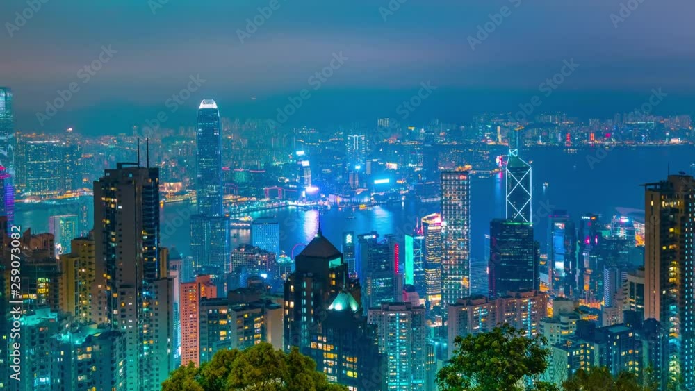 Timelapse night view skyscrapers and Hong Kong cityscape. Hong Kong, China - February, 2019. Timelapse 4K Timelapse night view skyscrapers and Hong Kong cityscape. Hong Kong, China - February, 2019. Timelapse 4K