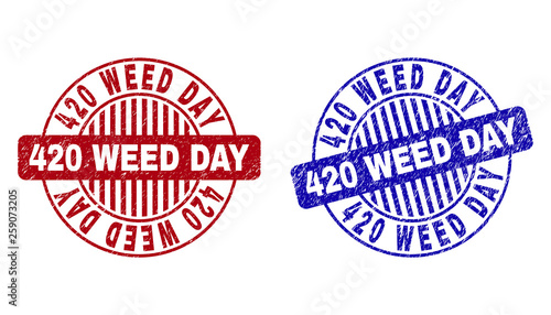 Grunge 420 WEED DAY round stamp seals isolated on a white background. Round seals with grunge texture in red and blue colors.