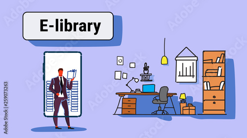 businessman using mobile app e-library concept business man reading book online library smartphone screen workplace office interior horizontal full length sketch doodle