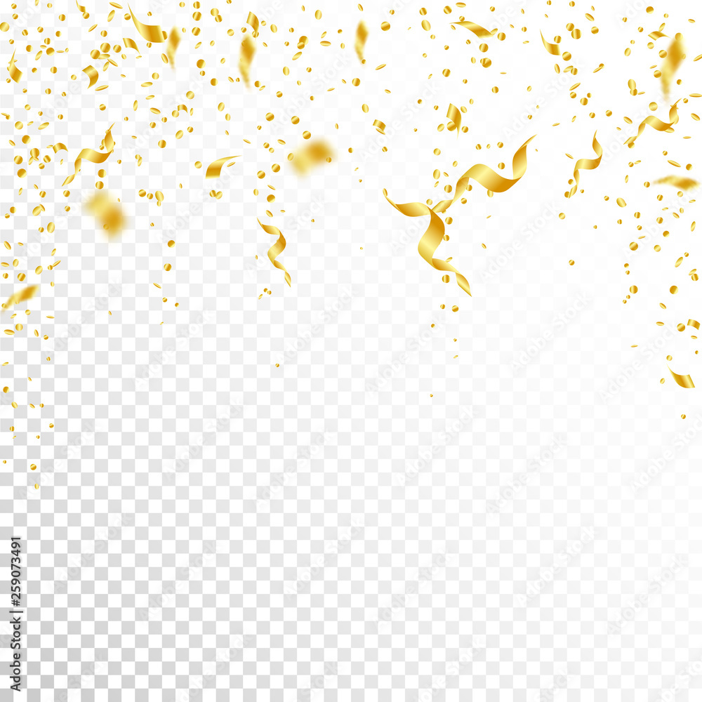 Streamers and confetti. Gold tinsel and foil ribbo Streamers and confetti. Gold tinsel and foil ribbo