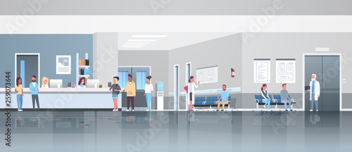 mix race patients standing line queue at hospital reception desk waiting hall doctors consultation healthcare concept medical clinic interior full length horizontal banner flat photo