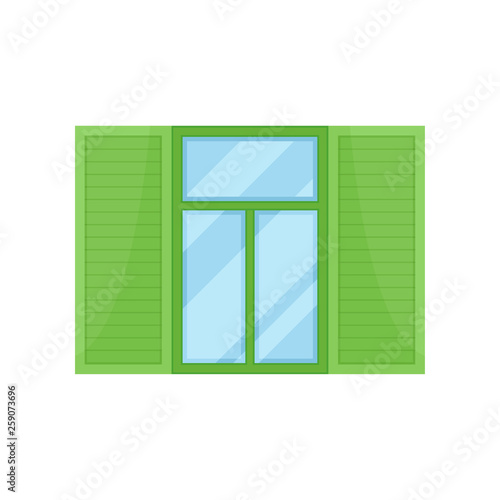 Window with green shutters on white background.