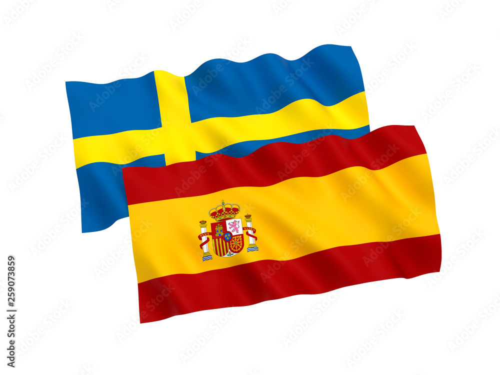 National fabric flags of Sweden and Spain isolated on white background. 3d rendering illustration. Proportion 1:2 National fabric flags of Sweden and Spain isolated on white background. 3d rendering illustration. Proportion 1:2