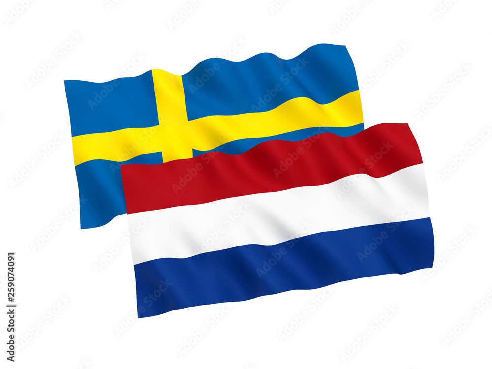 Fototapeta premium National fabric flags of Netherlands and Sweden isolated on white background. 3d rendering illustration. Proportion 1:2