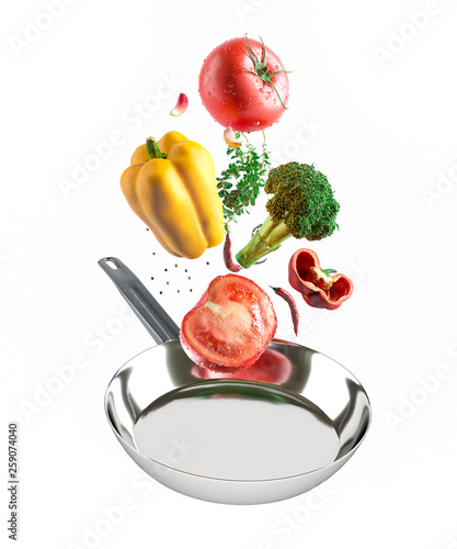 Fresh multicolored vegetables fly over a chrome-plated frying pan. White isolated background.