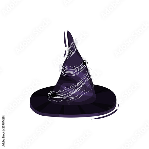 Witch hat with spiderweb and spiders on white background.