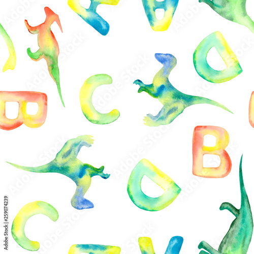 watercolor pattern with letter, leaves or dinosaurs on a white background photo