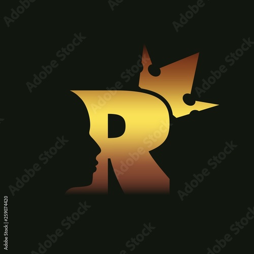 Royal luxury emblem with R letter silhouette. Prince head silhouette with crown. Medieval king profile. Business fantasy badge