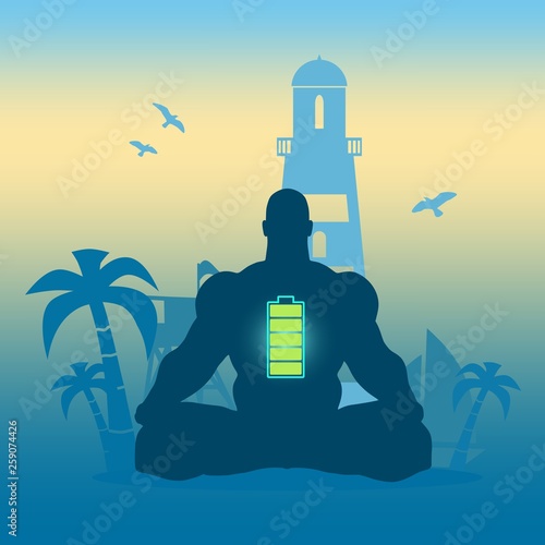Muscular man sit in meditation pose. Seaside view poster. Palm and safeguard tower on the beach. Yacht and lighthouse silhouettes. Relaxation after work concept. High full level energy battery