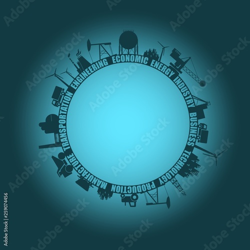 Circle with industry relative silhouettes. Objects located around the circle. Industrial design tags cloud. Field for text in the center.