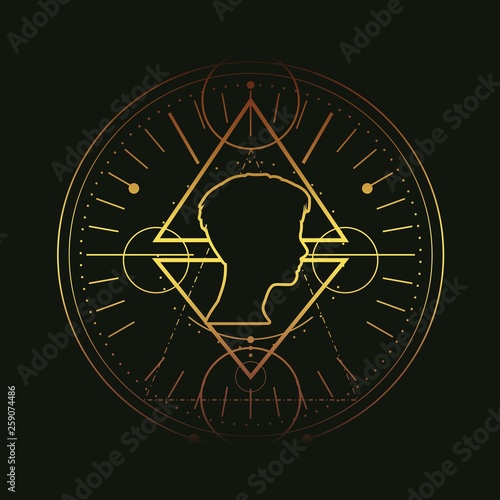 Mystical geometry symbol. Linear alchemy, occult, philosophical sign. For music album cover, poster, sacramental design. Astrology and religion concept. Outline silhouette of human head