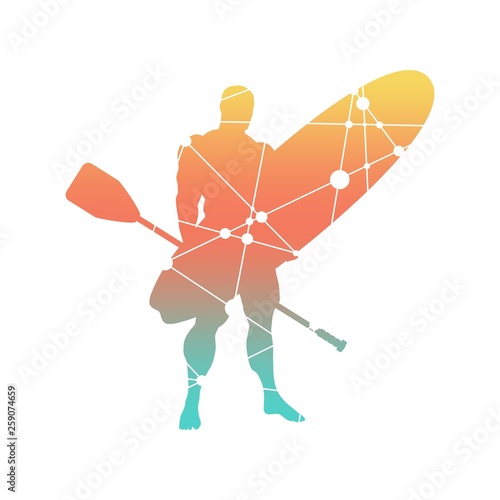 Man posing with surfboard and paddle. Vintage surfing graphic and emblem for web design or print. Stand up paddle boarding. Silhouette textured by lines and dots pattern