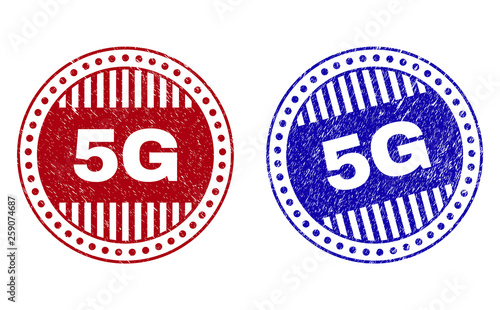 Grunge 5G round stamp seals isolated on a white background. Round seals with grunge texture in red and blue colors. Vector rubber imprint of 5G caption inside circle form with stripes.