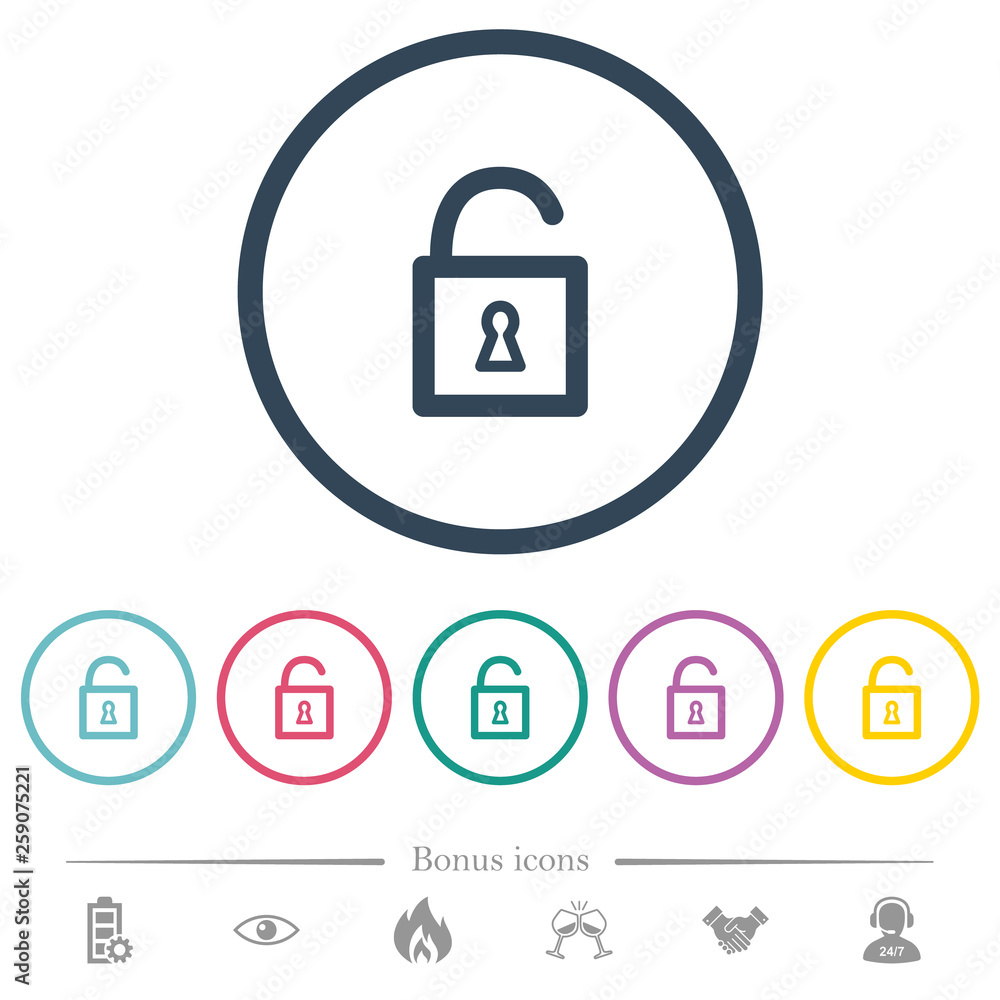Unlocked padlock with keyhole flat color icons in round outlines Unlocked padlock with keyhole flat color icons in round outlines