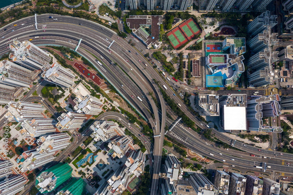 Fototapeta premium Top view of Hong Kong city traffic