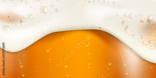 Beer with flowing foam and bubbles background. Vector poster template of realistic craft beer .