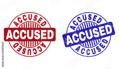 Grunge ACCUSED round stamp seals isolated on a white background. Round seals with grunge texture in red and blue colors. Vector rubber watermark of ACCUSED tag inside circle form with stripes.