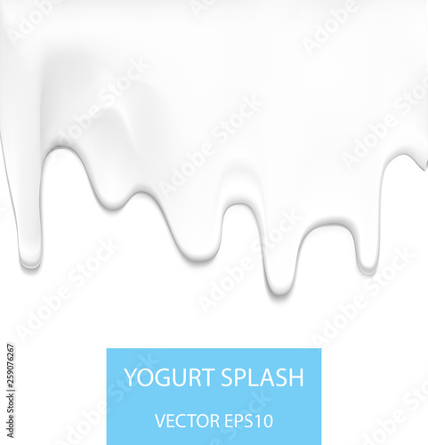 Creamy liquid, yogurt cream, ice cream or milk melting and flowing. White creamy drips. Beautiful background. Template for banner or poster. Realistic vector illustration.