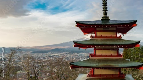 Hyperlapse video of Mount Fuji and pagoda at sunrise photo