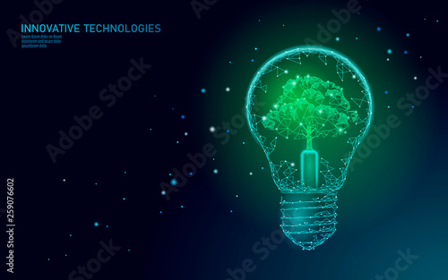Light Bulb lamp saving energy ecology concept. Polygonal light blue tree inside electricity green energy power banner vector illustration