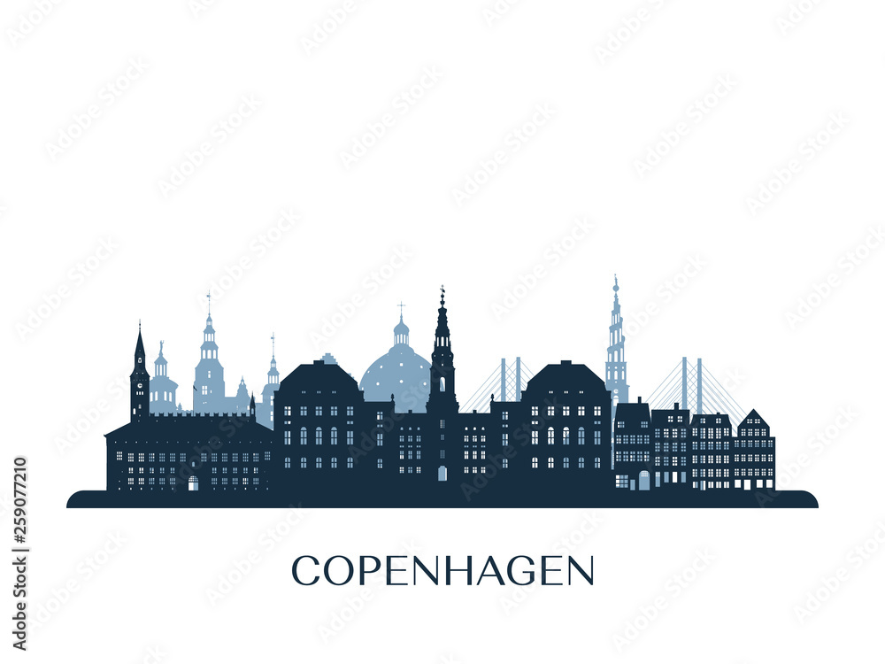 Copenhagen skyline, monochrome silhouette. Vector illustration.