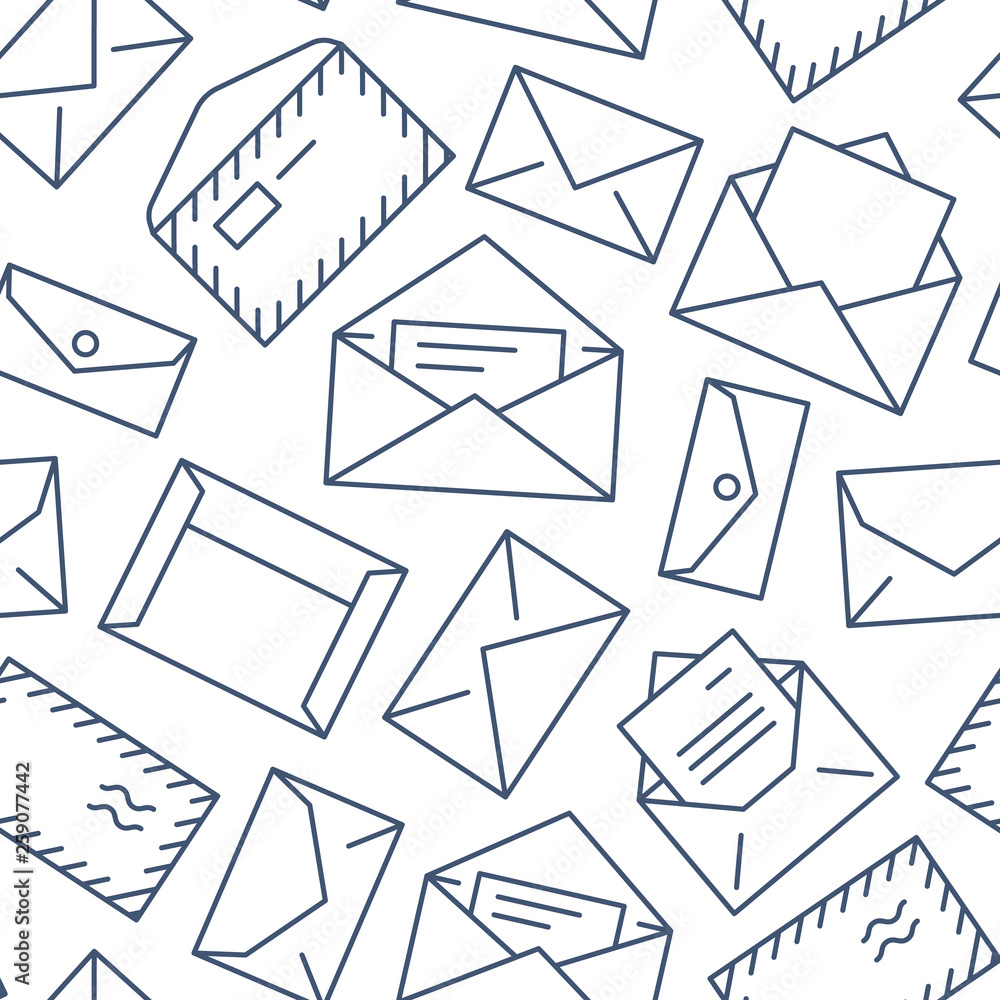 Seamless pattern with envelopes flat line icons. Mail background, message, open envelope with letter, email vector illustrations. Black white thin signs for mailing list, post office