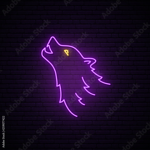 Wolf head neon sign. Purple wild wolf bright emblem. Vector illustration in neon style.