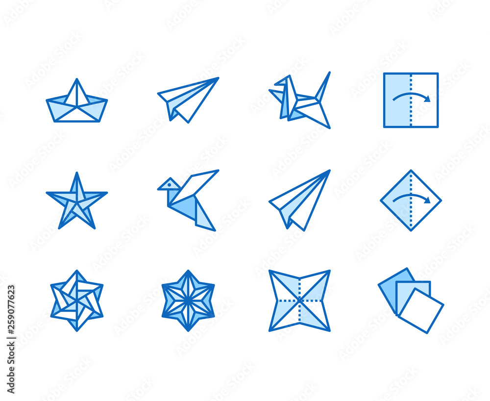 Origami flat line icons set. Paper cranes, bird, boat, plane vector illustrations. Thin signs for japanese creative hobby. Pixel perfect 64x64. Editable Strokes Origami flat line icons set. Paper cranes, bird, boat, plane vector illustrations. Thin signs for japanese creative hobby. Pixel perfect 64x64. Editable Strokes