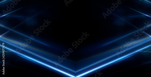 Tunnel in blue neon light, underground passage. Abstract blue background. Background of an empty black corridor with neon blue light. Abstract background with lines and glow, rays and symmetrical refl