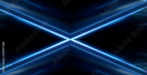 Tunnel in blue neon light, underground passage. Abstract blue background. Background of an empty black corridor with neon blue light. Abstract background with lines and glow, rays and symmetrical refl