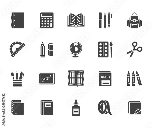 School supplies flat glyph icons set. Study tools - globe, calculator, book, pencil, scissors, ruler, notebook vector illustration. Signs for stationery sale. Solid silhouette pixel perfect 64x64