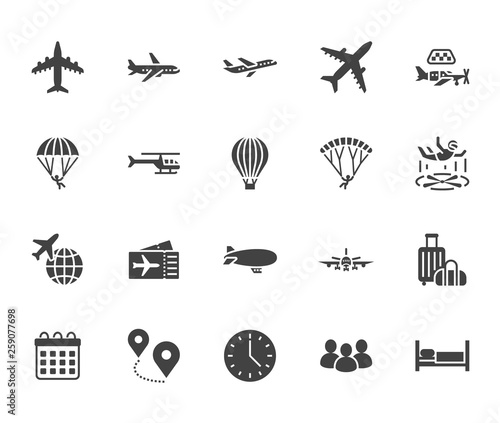 Aircraft flat glyph icons set. Airplane, helicopter, air taxi, skydiving, balloon, aero tube, paragliding vector illustration. Signs for plane tickets store. Solid silhouette pixel perfect 64x64