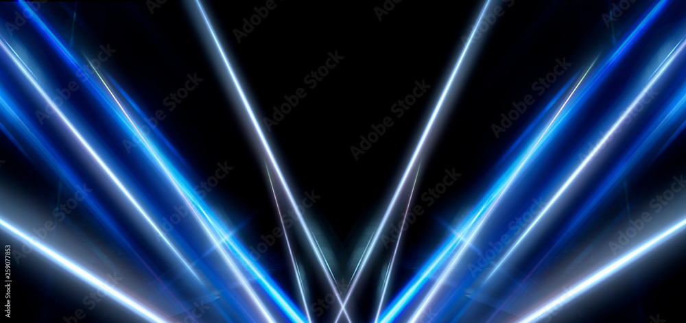 Fototapeta premium Tunnel in blue neon light, underground passage. Abstract blue background. Background of an empty black corridor with neon blue light. Abstract background with lines and glow, rays and symmetrical refl