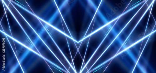 Tunnel in blue neon light, underground passage. Abstract blue background. Background of an empty black corridor with neon blue light. Abstract background with lines and glow, rays and symmetrical refl