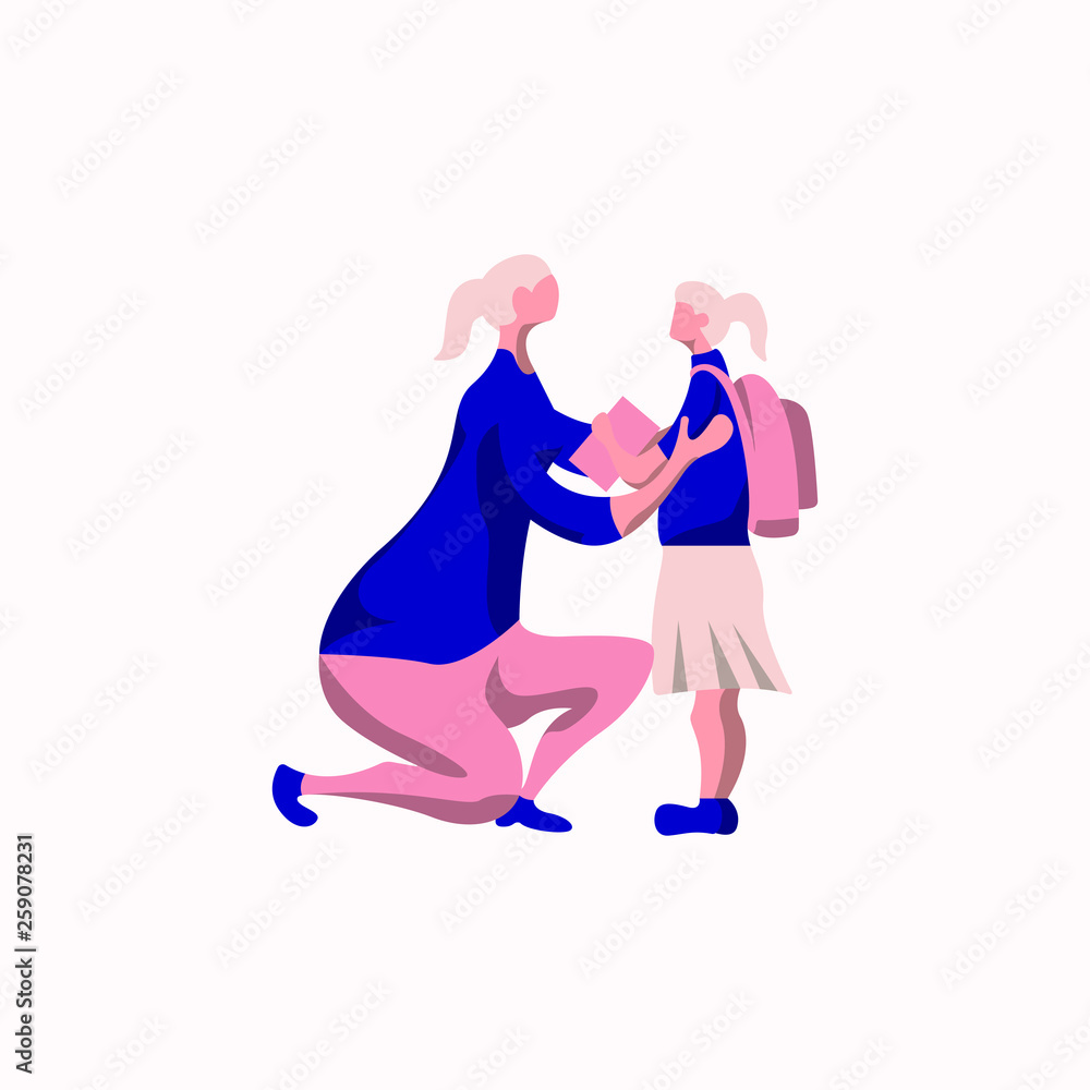 Obraz a mother talking to her daughter as a form of care and love. little girl with a bag on her back. flat cartoon illustration of woman's day. mother's day poster