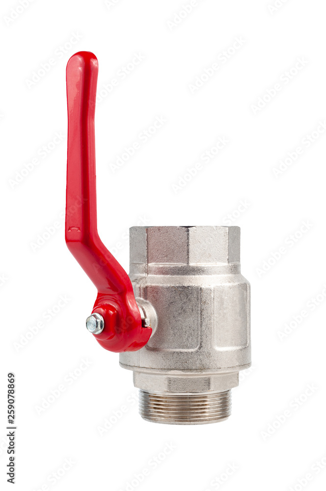 Ball water valve for plumbing with red handle, isolated on white background Ball water valve for plumbing with red handle, isolated on white background