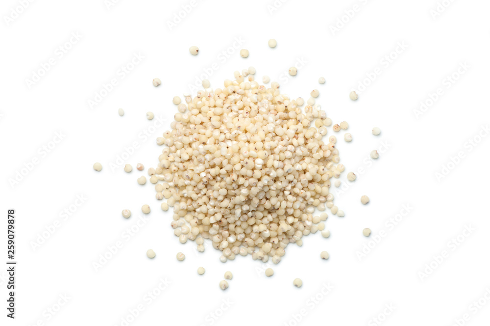 Pile of sorghum rice isolated on white background. Top view. Pile of sorghum rice isolated on white background. Top view.