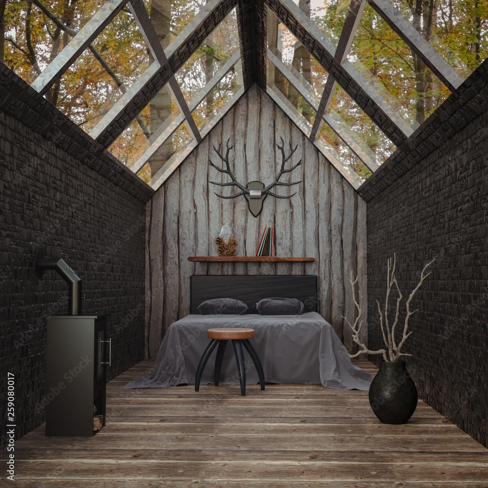3D rendering of an interior of a cozy cabin in the woods with glass roof, a  bed and fireplace Stock Illustration | Adobe Stock