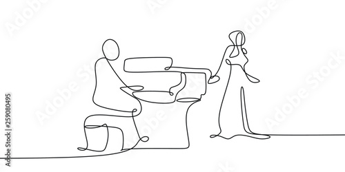 continuous line drawing of men playing piano music instruments and singing women.