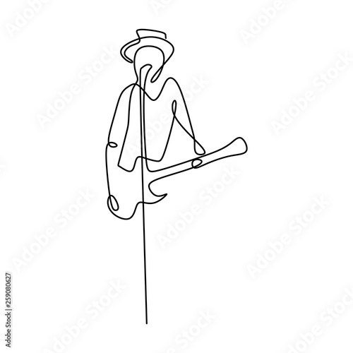 continuous line drawing of someone playing guitar.